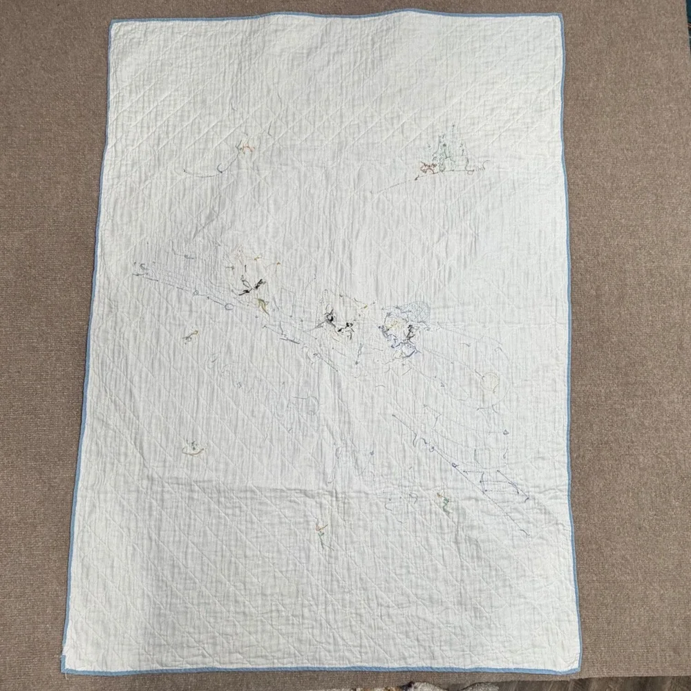 Vintage Baby Express Embroidered Quilt White Blue Train Kittens Nursery Blanket